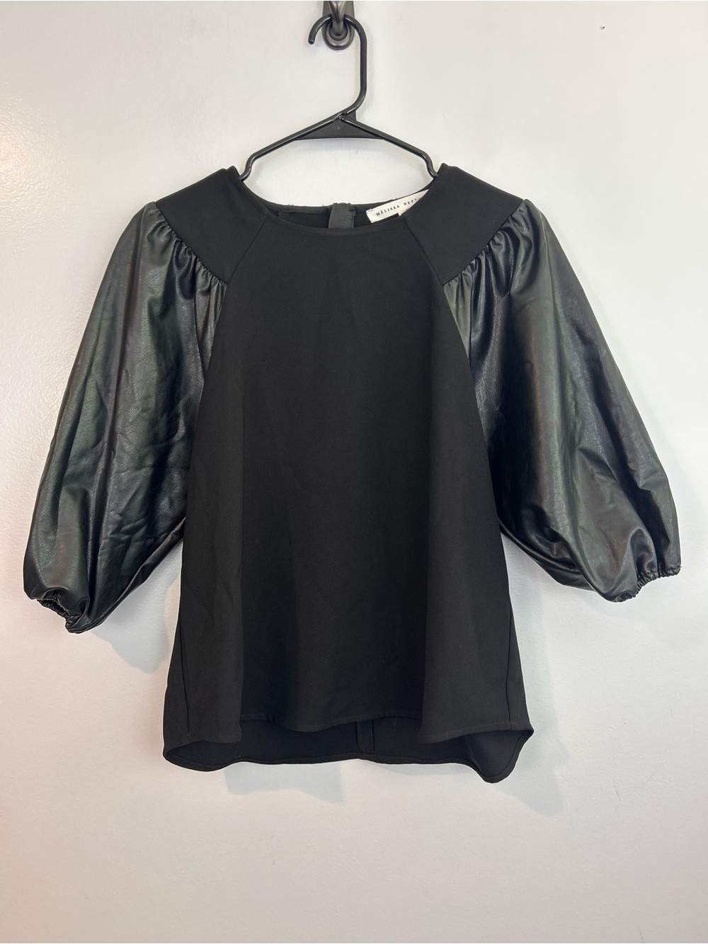 Melissa Nepton Black Kavi Faux Leather Balloon Sleeve Blouse/Top Size Small